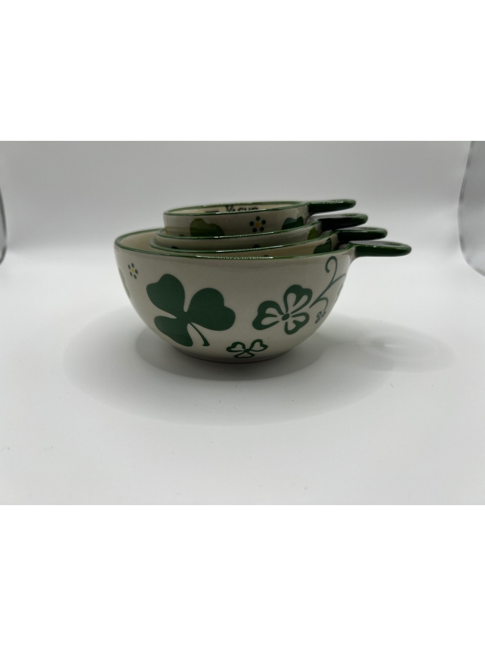 Set of 4 Nesting Ceramic Green Shamrock Measuring Cups